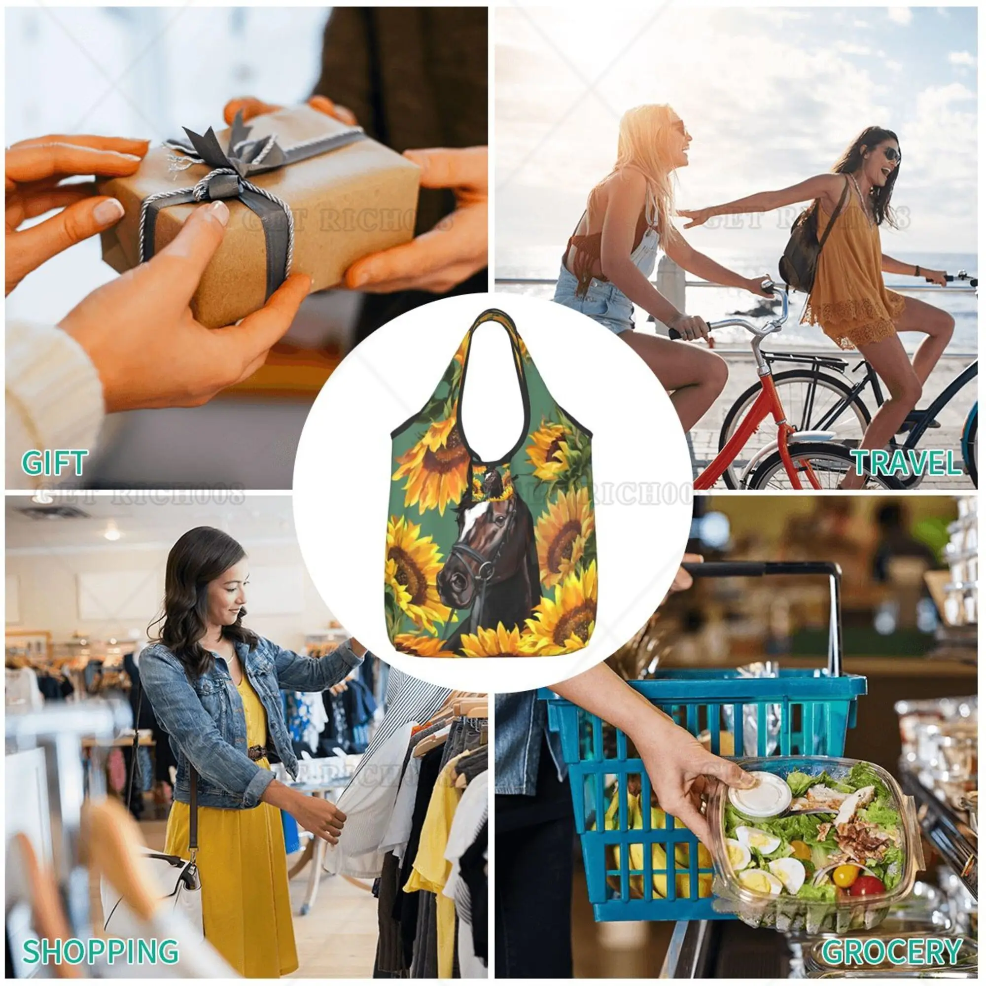 Sunflowers and Horse Foldable Shopper Bags Supermarket Bag for Men Women Girls Waterproof Polyester Printing Pattern One Size