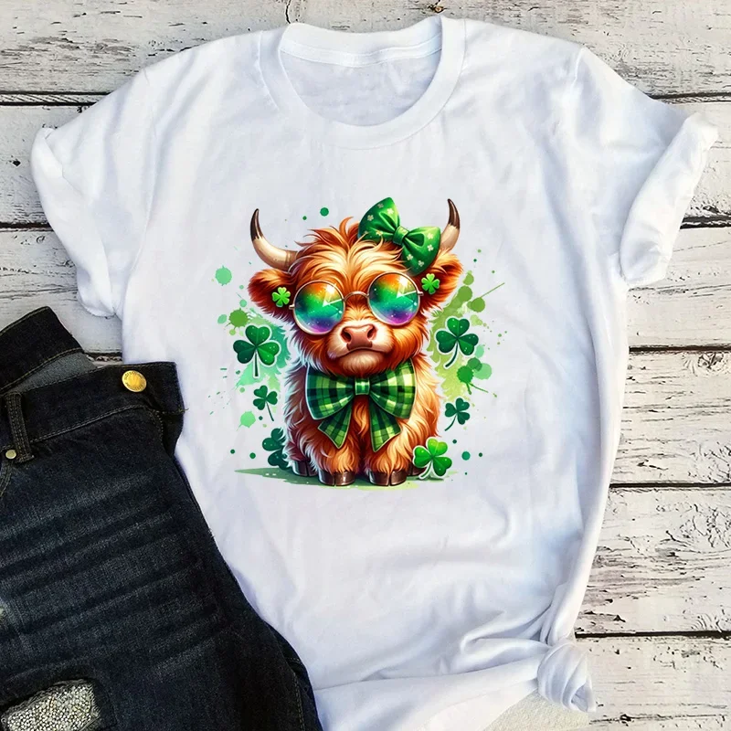 St. Patrick's Day Highland Cow Shirt Retro St. Patrick Tee Clover Shamrock Women Clothing Designs Graphic Tshirts L