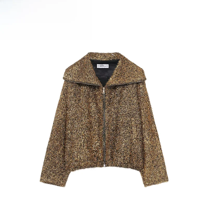 เสื้อแจ็คเก็ตผู้หญิงแฟชั่นสีเมทัลลิก รุ่นใหม่ ฤดูใบไม้ร่วง ปี 2025 ผ้าโพลีเอสเตอร์อเนกประสงค์ สไตล์ลำลอง