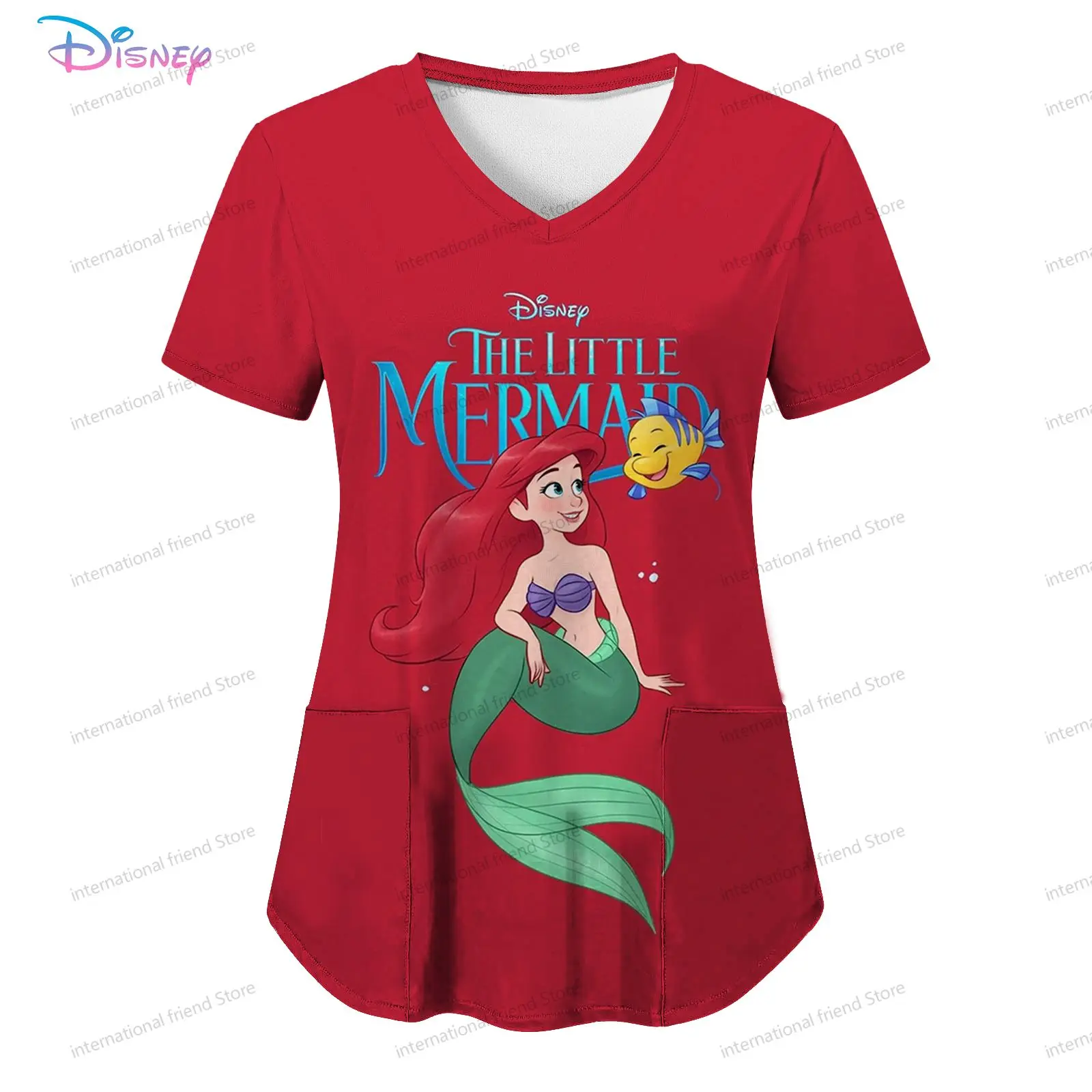 

Disney Princess Pocket Women's V Neck Nurse Uniform T-Shirt Summer Short Sleeve 2024 Y2k New Dress Kawaii Woman Clothing S-2XL