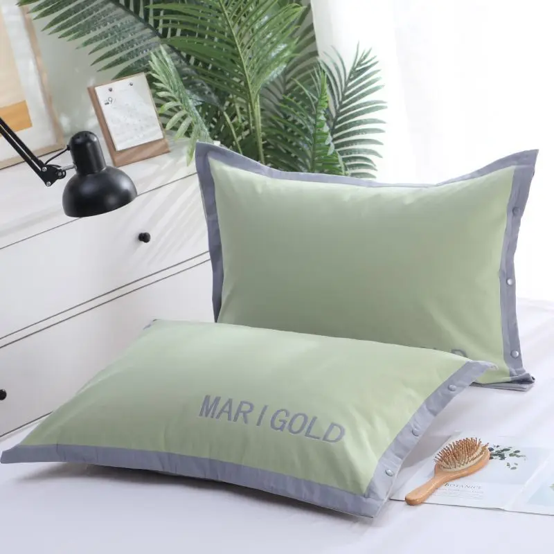 2 Pack Soft Cotton Pillow Cases, Light Green With Gray Edge Button Closure, Breathable Durable Bedding Covers For Bedroom Adults