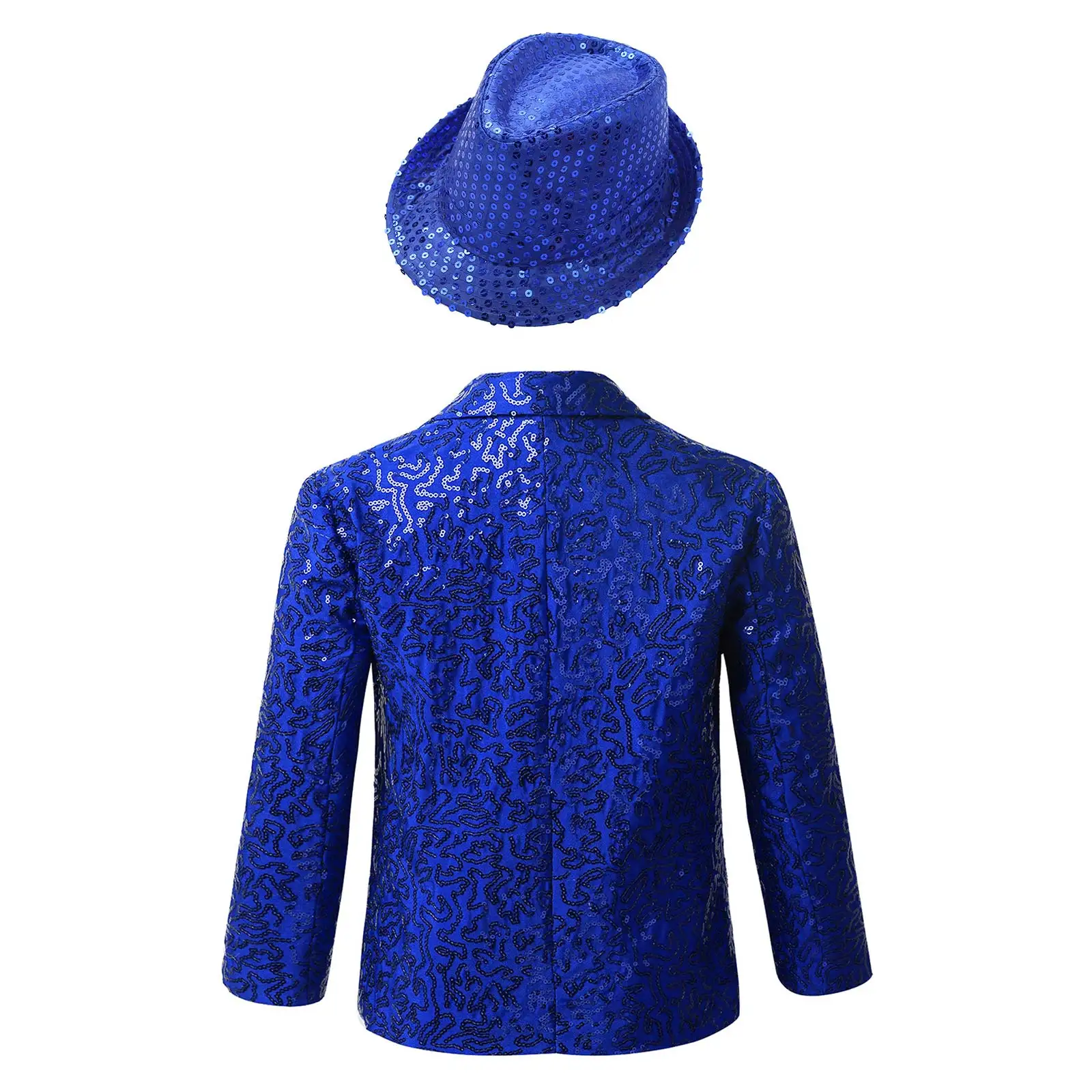 Kids Boys Shiny Sequins Coat Modren Competition Dance Performance Jacket Banquet Party Long Sleeve Tuxedo Suit with Fedora Hat