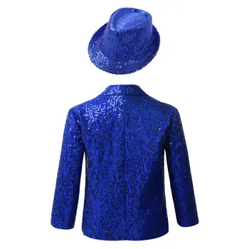 Kids Boys Shiny Sequins Coat Modren Competition Dance Performance Jacket Banquet Party Long Sleeve Tuxedo Suit with Fedora Hat 2