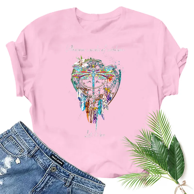 Dragonfly windchimes impressão das mulheres t camisa de manga curta o pescoço solto tshirt das senhoras da forma t camisa topos roupas mujer