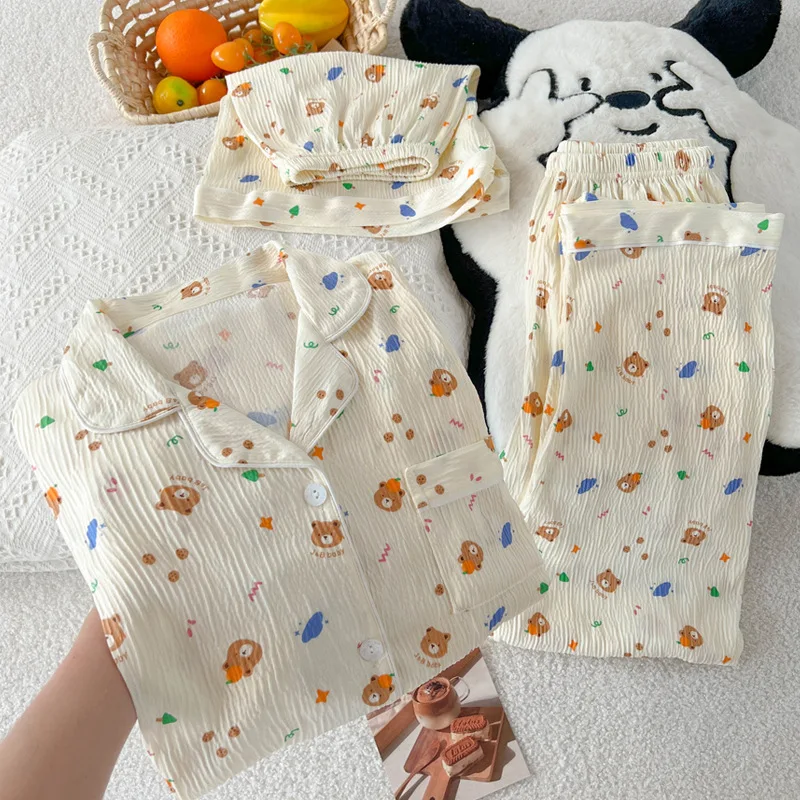 

Female Short Sleeve Lapel Cute Cartoon Bear Print Homewear Women Summer Pajamas Three-piece Set Comfortable Leisure Sleepwear