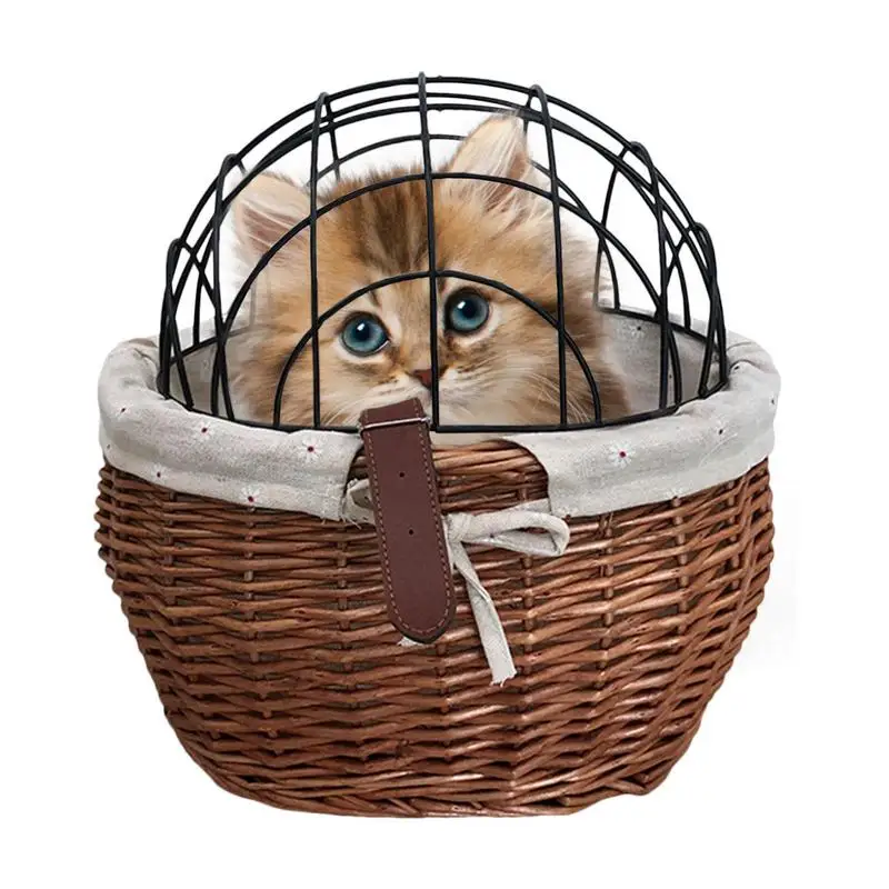 Bicycle Front Woven Basket With Wire Mesh Cover Detachable Bike Dog Carrier Bike Pet Carrier Basket Dog Carrier For Bike Riding