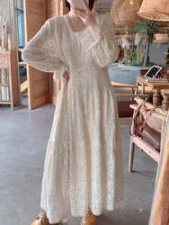 AIGYPTOS Spring Maxi Dress For Women Vintage Court Style V-Neck Long Sleeve Sequins Embroidery Lace Dress Elegant Holiday Dress