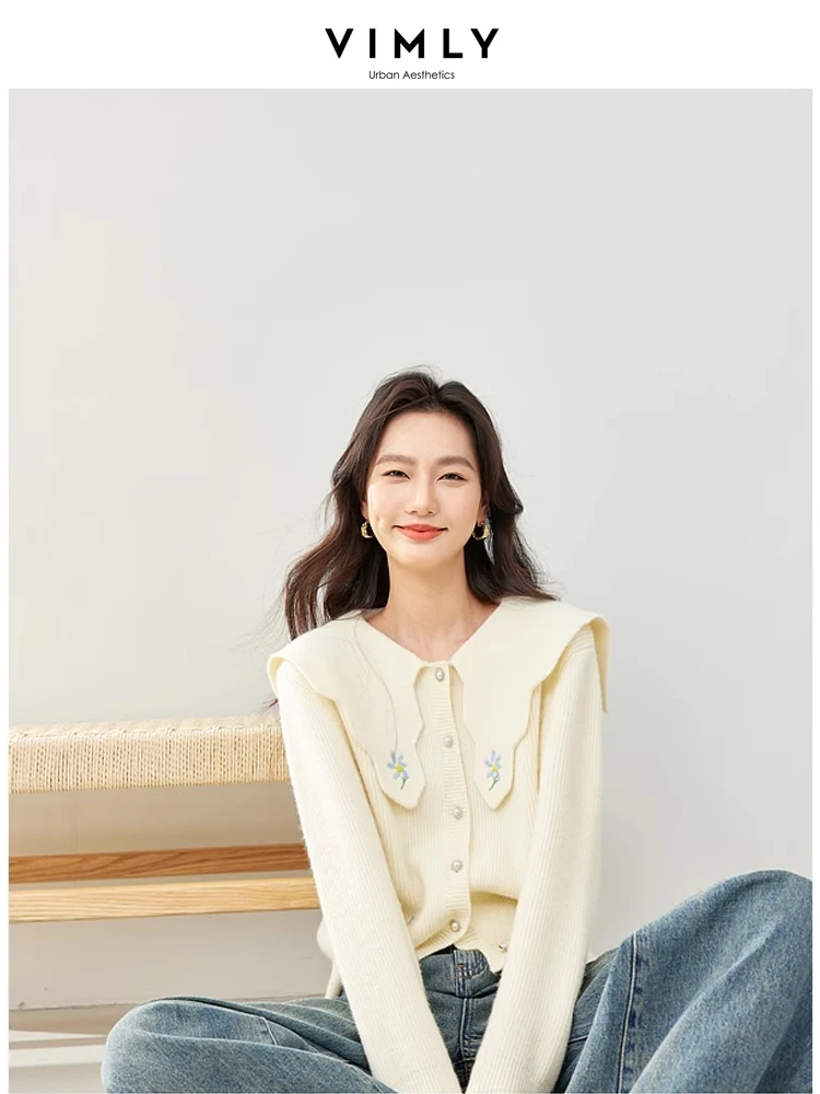 Vimly Green Knitted Cardigan for Women 2024 Spring New Lapel Embroidery Short Sweater Coat High Strecth Female Knitwear 72276