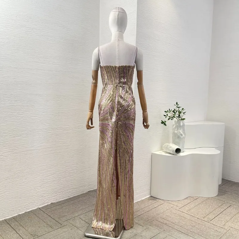 Ladies' Golden Violet Sleeveless Cut Out Sequined Diamonds High Quality 2024 Sexy Arrivals Maxi Dresses for Party