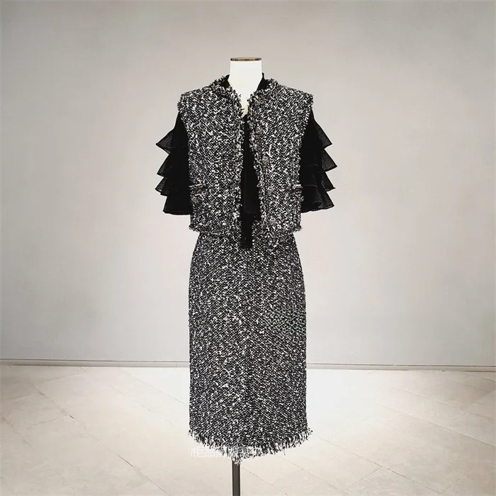 

Корейский твидовый комплект: универсальный утягивающий топ-жилет и юбка из хлопка, однотонный, с воротником-стойкой и пуговицами