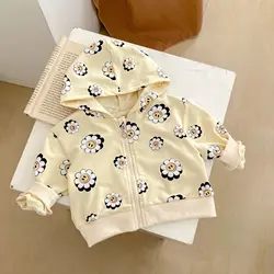 2024 Spring New Baby Girl Long Sleeve Hooded Coat Infant Casual Versatile Cardigan Cotton Toddler Cute Flower Print Jacket