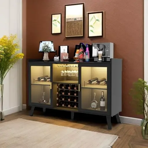 Cabinet with Led Light, Home Coffee Cabinet with Wine and Glass Rack, Kitchen Buffet Sideboard with Storage Shelves