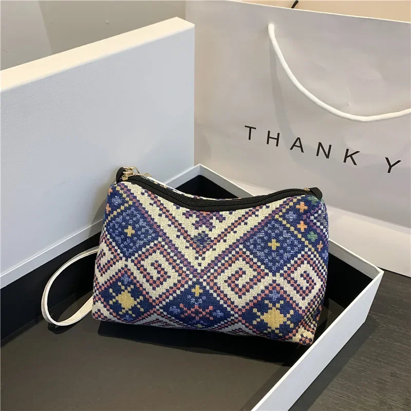 B Style Retro Crossbody Bag for Women Ethnic Style Canvas Handbag Woven Lightweight Popular Small Cloth Female Shoulder Bag