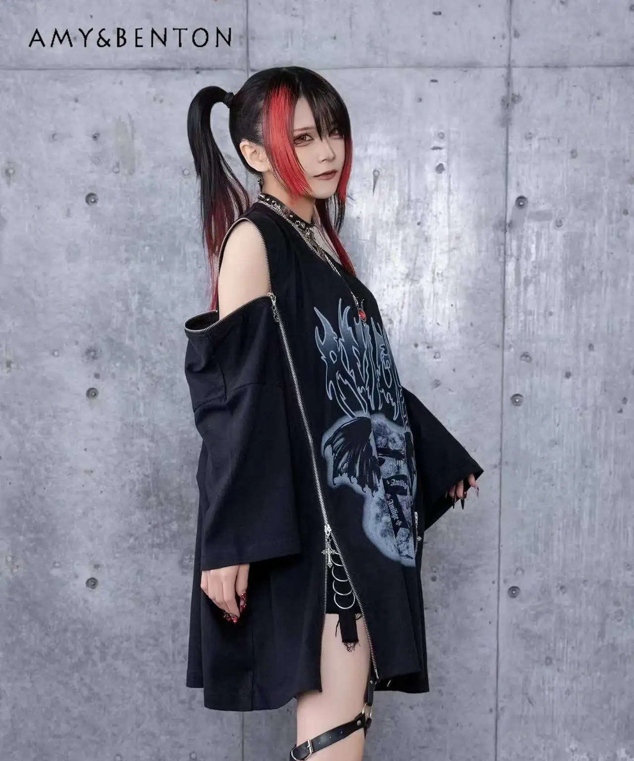 ثقافة فرعية الصليب زيبر الخفافيش كم الكرتون طباعة فستان كبير الحجم للنساء القوطي الشرير نمط تي شيرت تنورة الألغام سلسلة فستان قصير