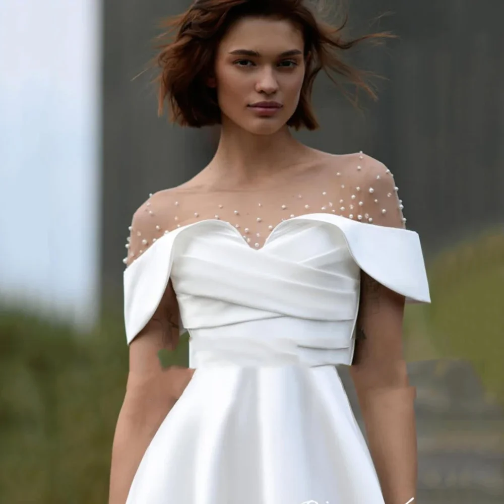 Flavinke Customized Elegant White O-neck A-line Satin Wedding Dresses Beading Off the Shoulder Draped Split Backless Bride Gown