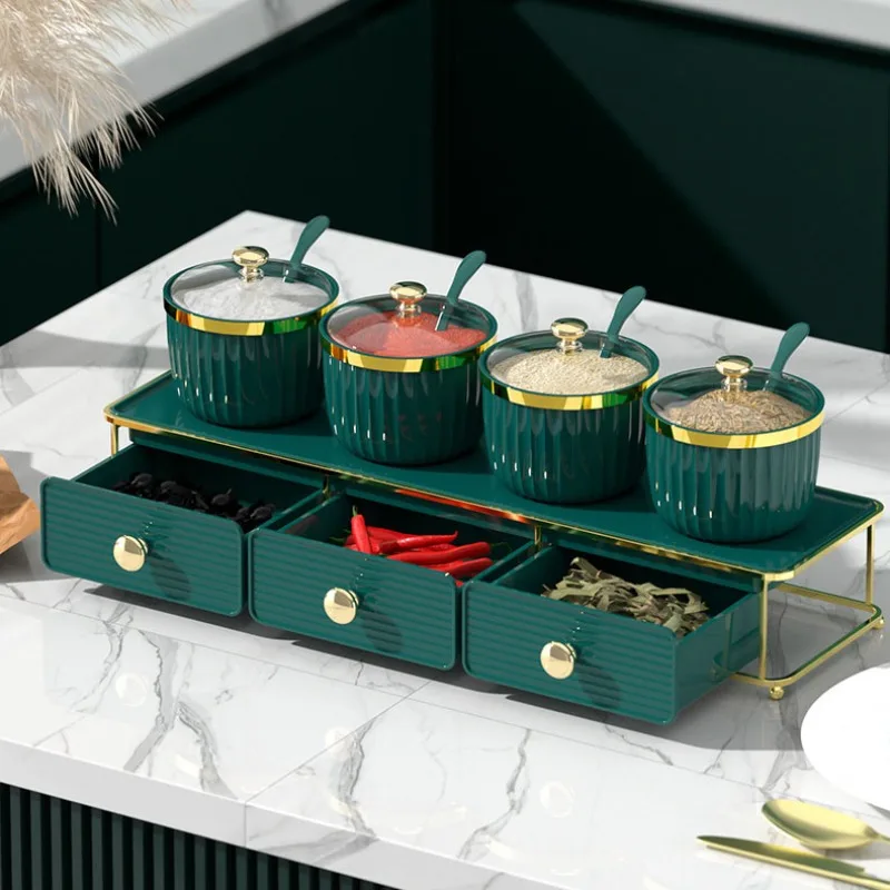 Green Spice Jar Storage Box Set Gold Border Chili Spice Dispensing Box Sugar Jar Kitchen Multi-purpose Shelf Kitchen Utensils