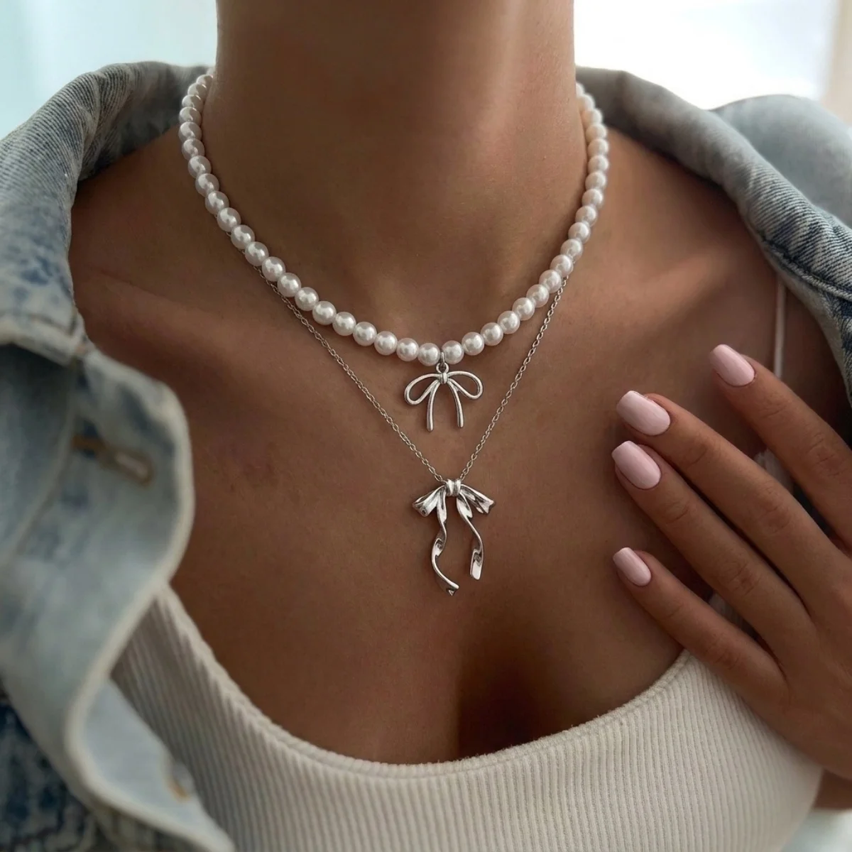 Süßer, cooler Stil Metallband-Schleife mit simulierten Perlenkette für Frauen, zierliche elegante Twist-Schleife Choker, ästhetischer Schmuck – Detail 6