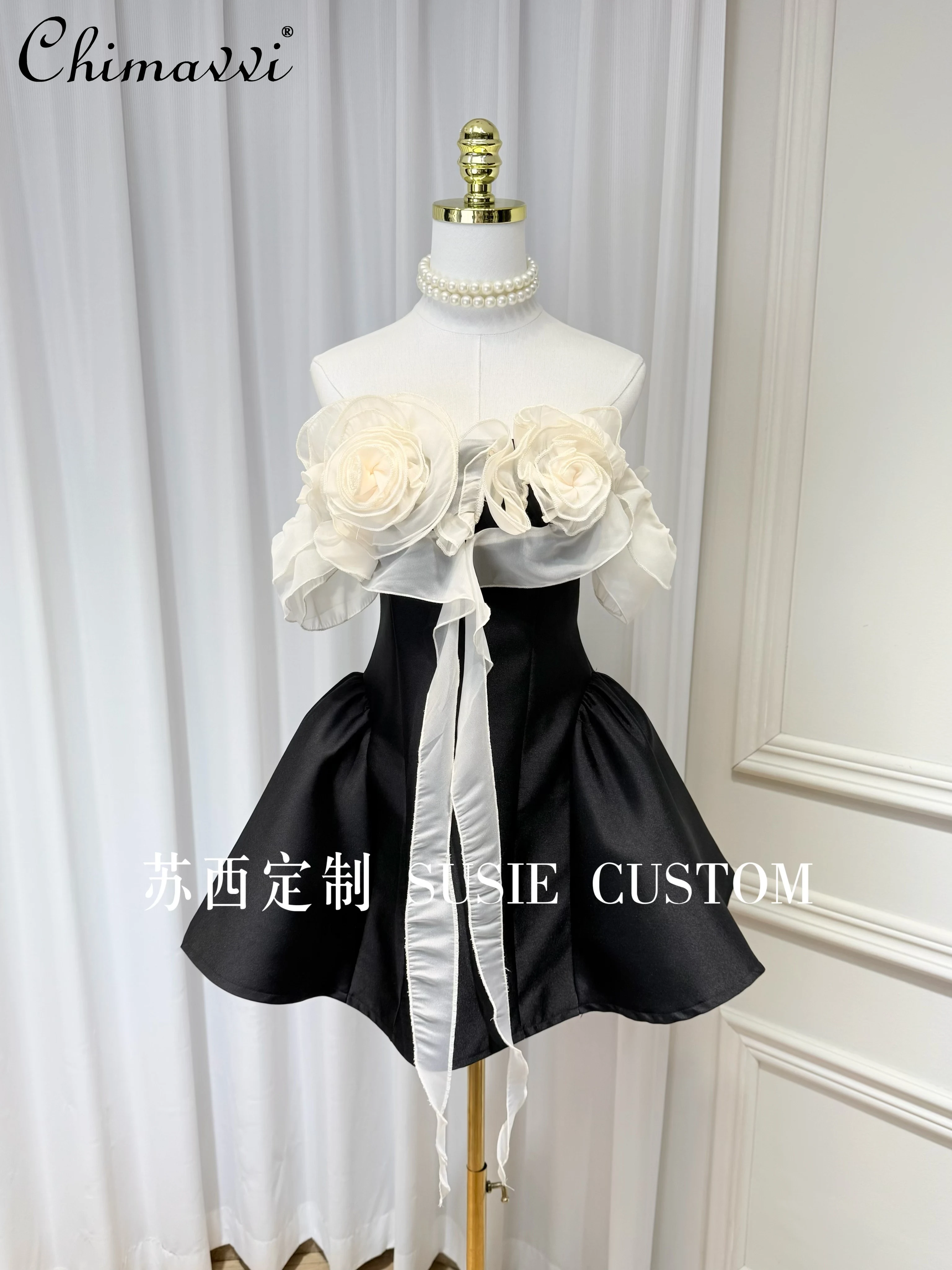 French Elegant Sweet Socialite Birthday Party Dress 3D Flower Off Shoulder High Waist A-line Black Short Evening Dress For Women