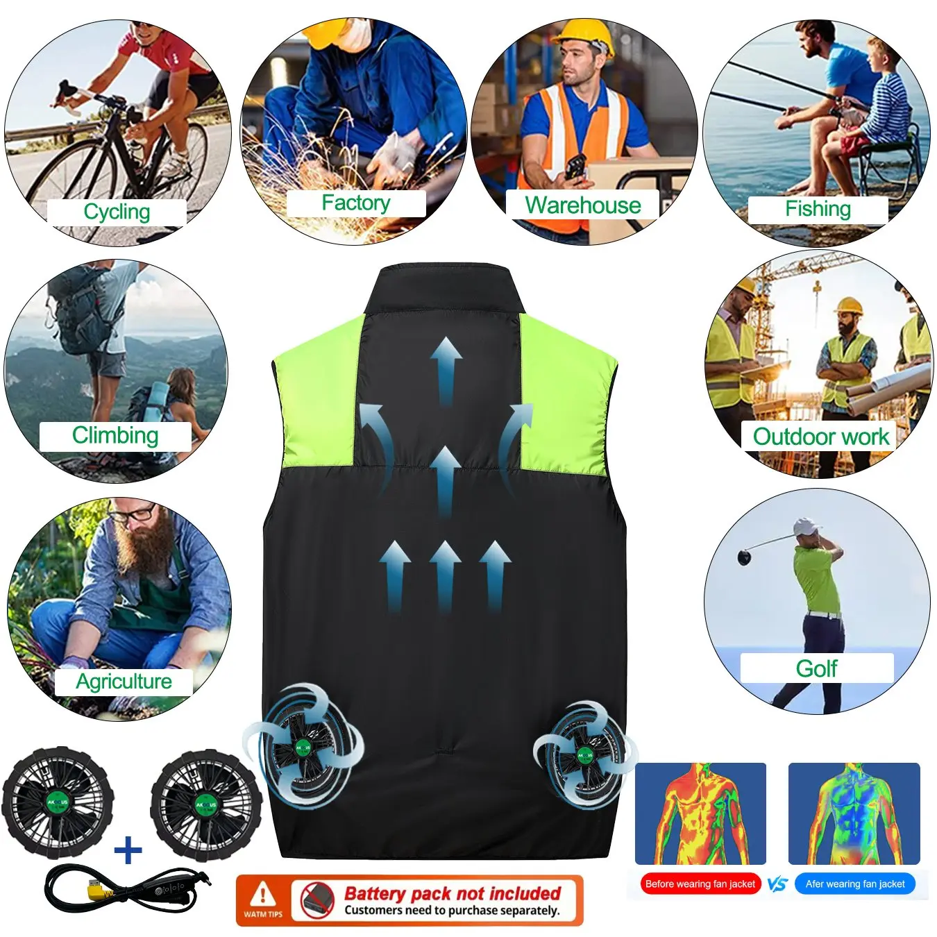 12V/5V USB Wearable Fan Refrigeration Vest Lightweight Air Conditioner Sleeveless Jacket Outdoor Camping Fishing Commute