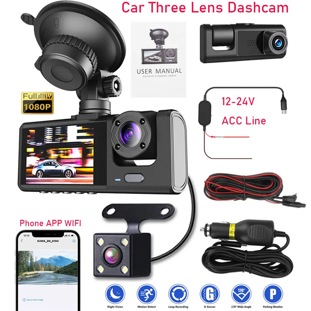 

Dashcam Car 1080P DVR Dash Cam Front Interior Rear Camera Three-lens driving recorder with reverse viewing dash car camera dvr