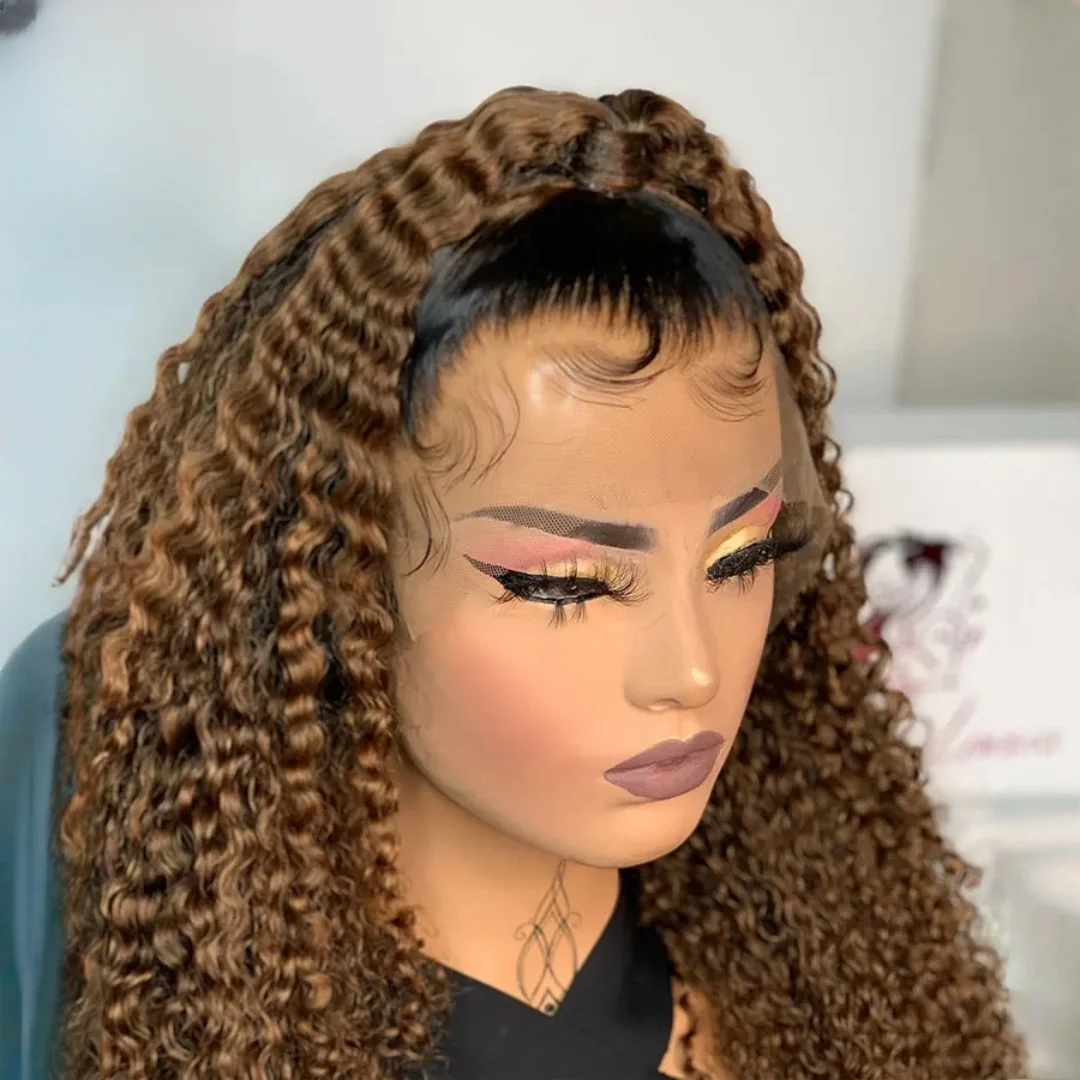 Wig Rambut Depan Lace Ombre Pirang Alami 26 Inci Lembut Panjang Kepadatan 180 untuk Wanita, Keriting Kinky dengan Baby Hair, Tekstur Bagus