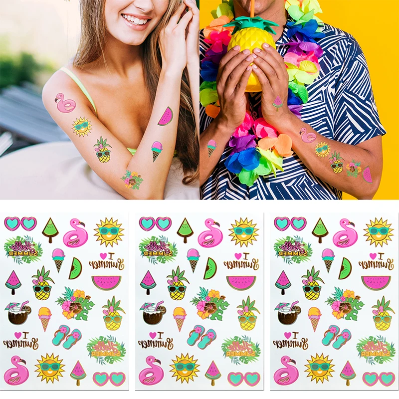 1 Juego de tatuajes temporales para fiesta hawaiana, pegatinas de flamenco de verano, tatuajes falsos, decoraciones para fiesta Luau, suministros para piscina y playa de verano