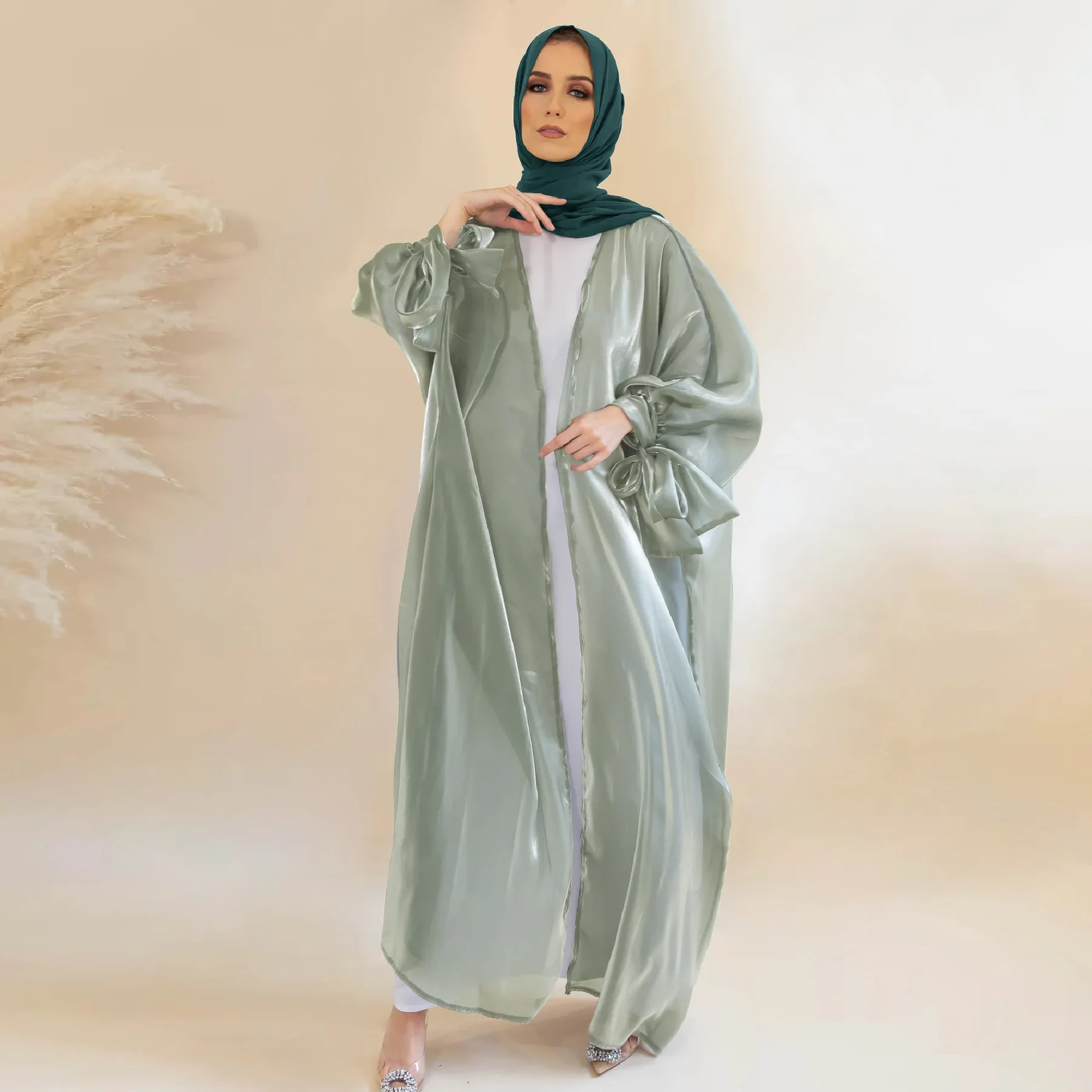 Women Eid Muslim Abaya Kaftan Islam Arab Cardigan Long Robe Morocco Bow Abayas Loose Casual Solid Color Slight Strech 2024