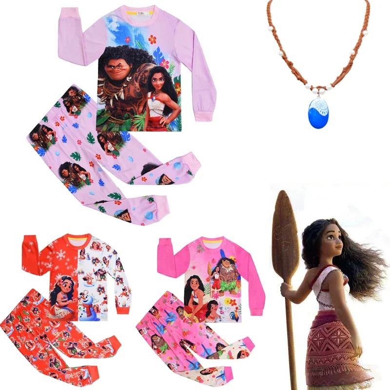 Moana2 пижамы для маленьких мальчиков, одежда для сна для детей, домашняя одежда, одежда для сна, футболка с длинными рукавами для девочек-подростков + брюки, комплект из 2 предметов + ожерелье