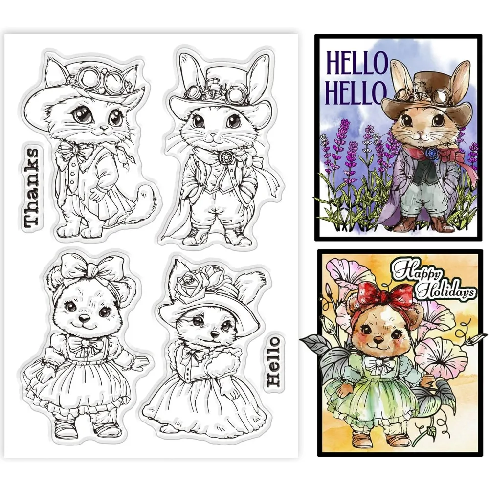 1szt Retro Animals Clear Stamps Cat Rabbit Bear Dog Silicone Clear Stamp Seals Cartoon Animals Transparent Stamps for DIY