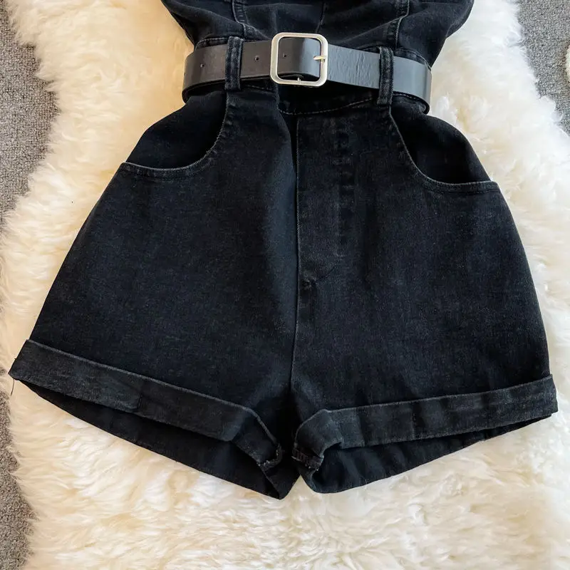 Mùa Hè Rompers Quần Jeans Nữ Jumpsuit Lệch Vai 2022 Rời Áo Denim Rompers Nữ Áo Liền Quần Ống Rộng Áo Quần Yếm Denim