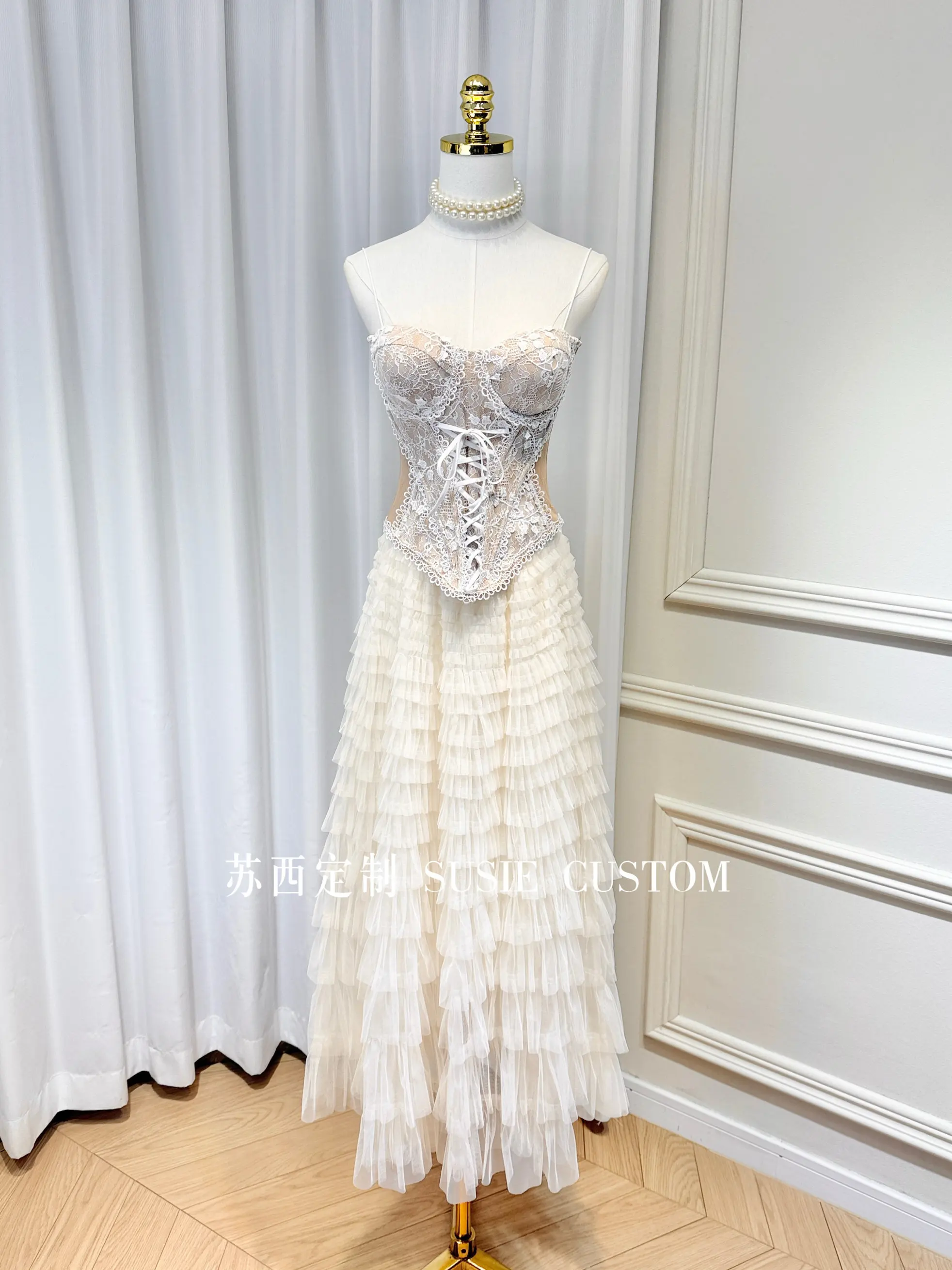 

Women's 2 Piece Set Lace Up Boned Corset Top + Beaded Tulle Tiered Maxi Skirt French Fairy Bridal Wedding Guest Party Gown