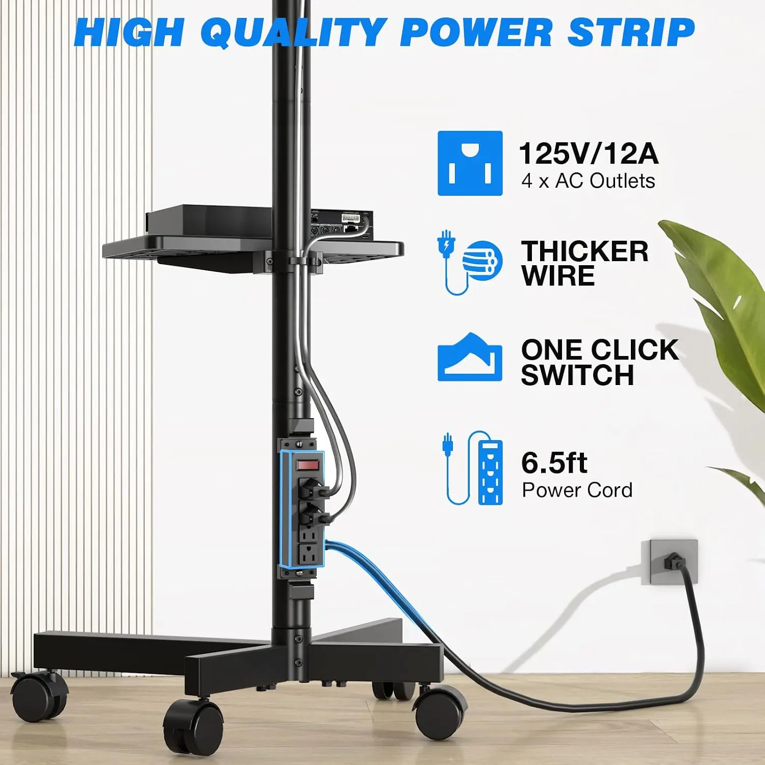 Height-Adjustable Rolling TV Stand with Power Outlet, Portable Cart for 23-65 Inch LCD LED OLED Flat Panel & Curved TVs, Holds up to 88 lbs, Max VESA 400x400mm