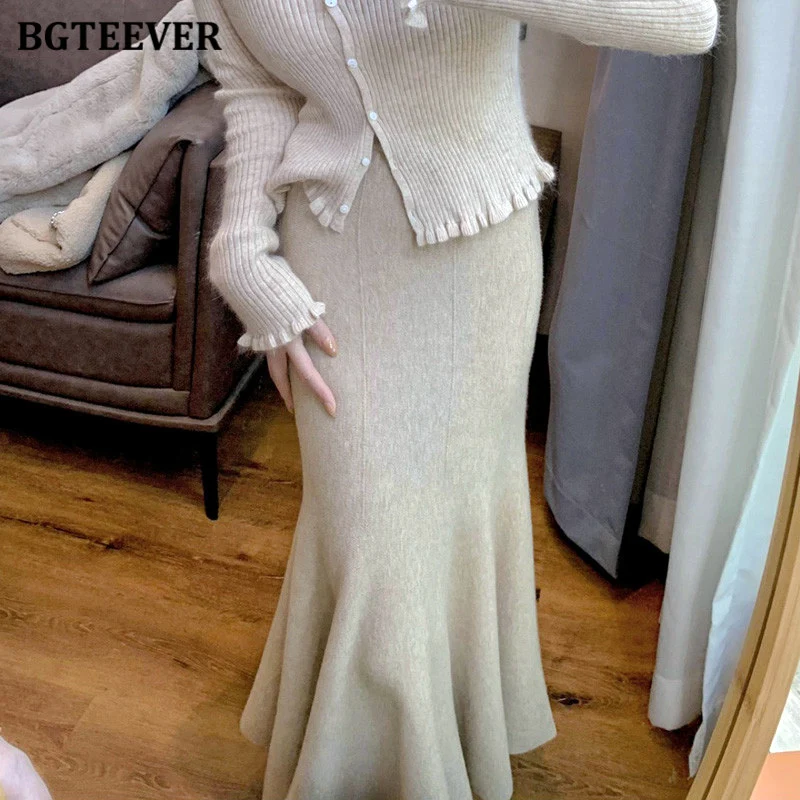 BGTEEVER Autumn Winter Slim Ladies Knitted Mermaid Skirts Elegant High Waist Solid Package Hip Sweater Skirts for Women