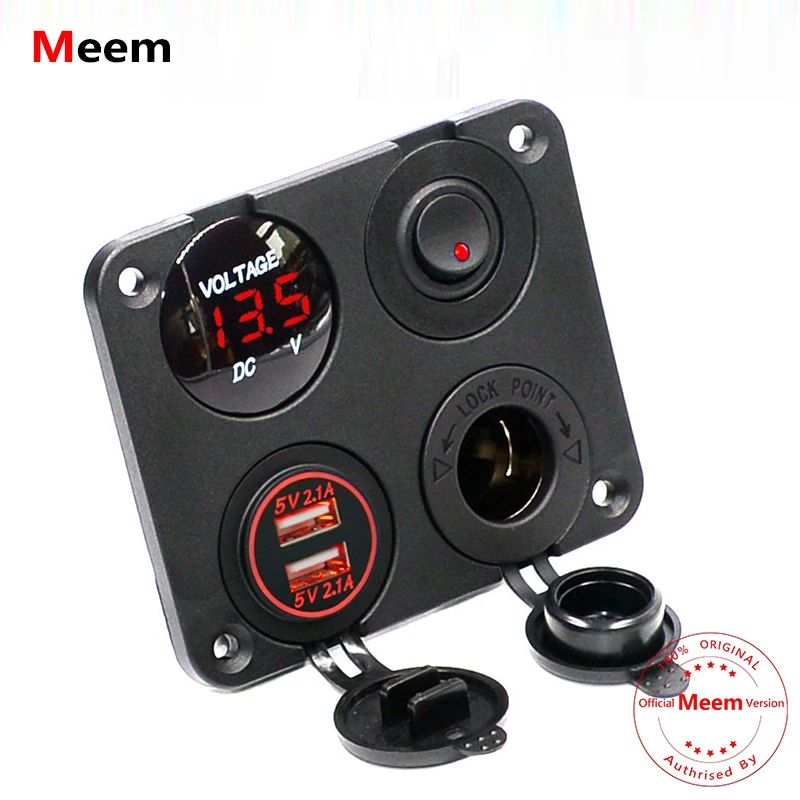 4 Bende 1 Paneel Dual Usb-Socket Oplader Led Voltmeter + 12V Stopcontact Autoboot