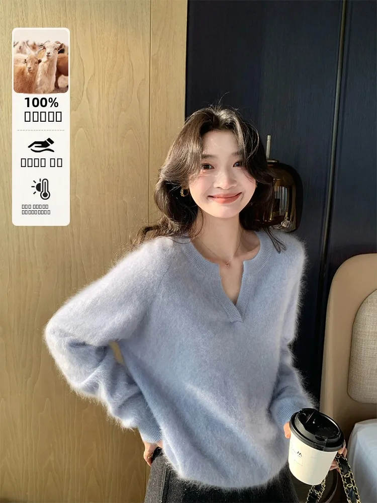 

Женский вязаный свитер Fol Else с V-образным вырезом, длинными рукавами, из 100% овечьей шерсти, мягкий, уютный, для повседневной носки, свободного кроя