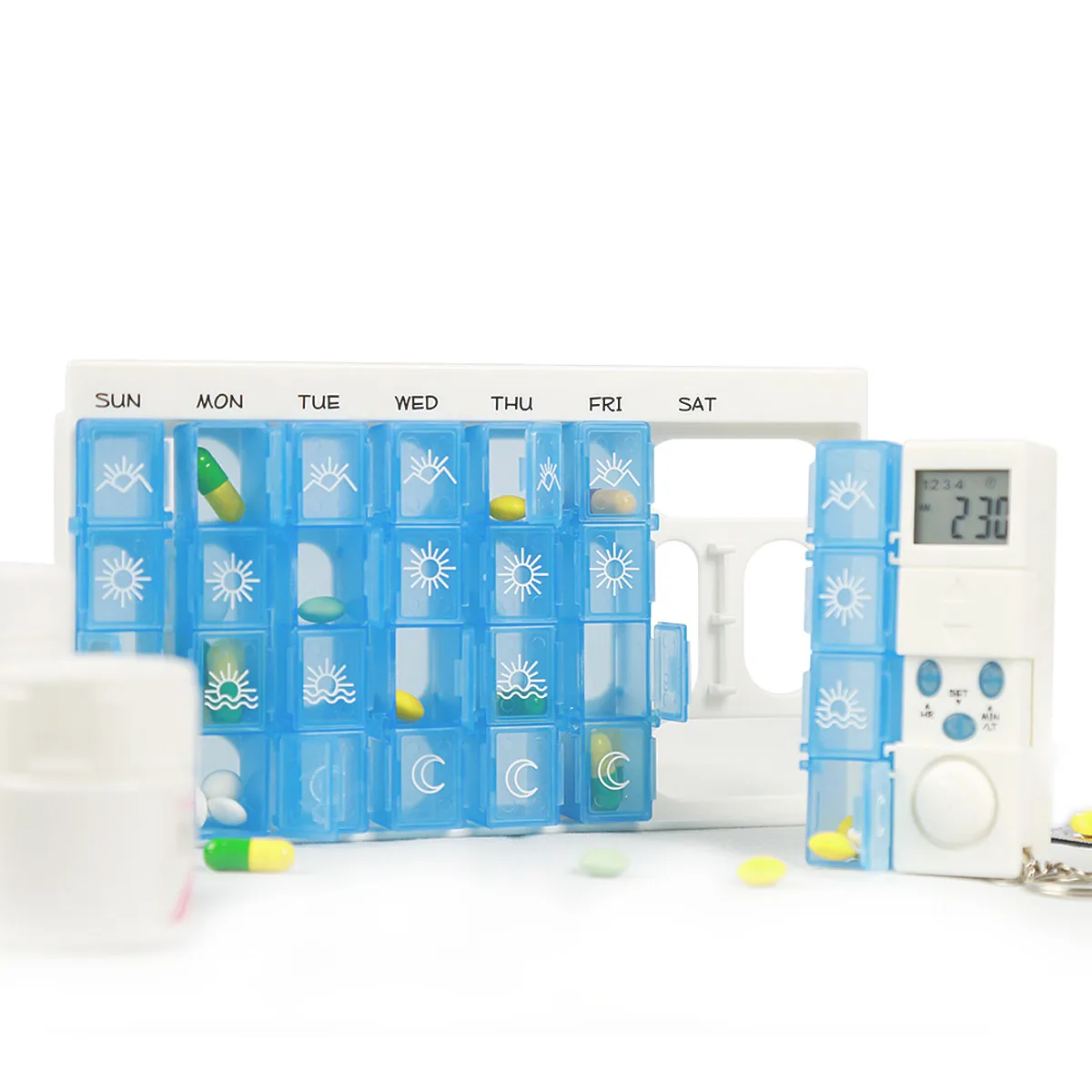

7 Days Weekly Digital Pill Organizer 28 Compartments with Loud Talking Alarm Reminder 4 Times Daily Removable Timer Backlit LCD