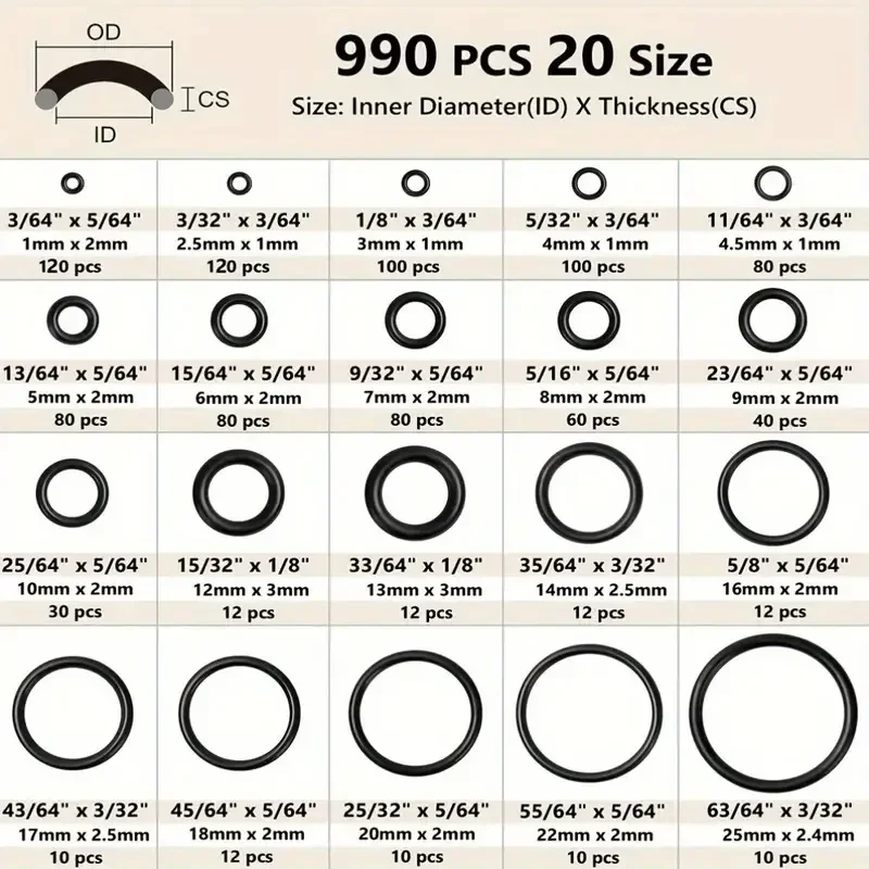 990pcs Nitrile Rubber O-Ring Gasket Assortment Kit Assorted Sizes for Plumbing Pump Repair Automotive Applications
