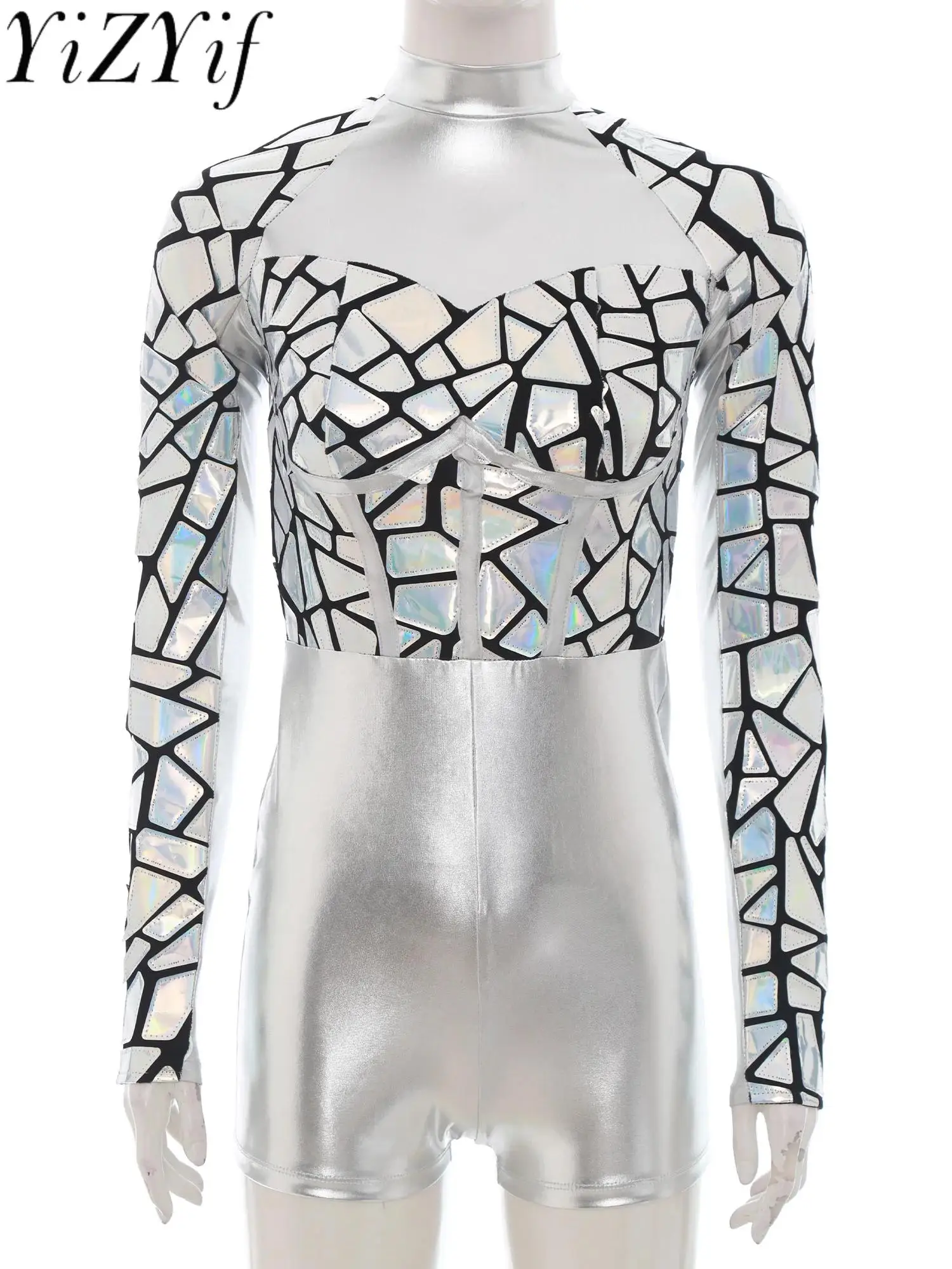

Women Metallic Shiny Jazz Pole Dancing Performance Bodysuit Long Sleeve Mirror Decor Reflective Glittery Jumpsuits Dance-wear