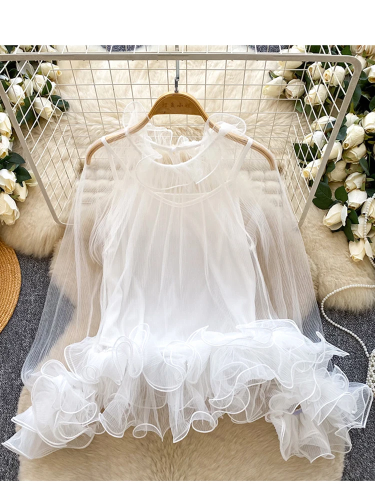 

Spring New Chiffon Shirt New French Sweet Sexy Pleated Lace Top with Camisole Inside Two-piece Set for Women C432