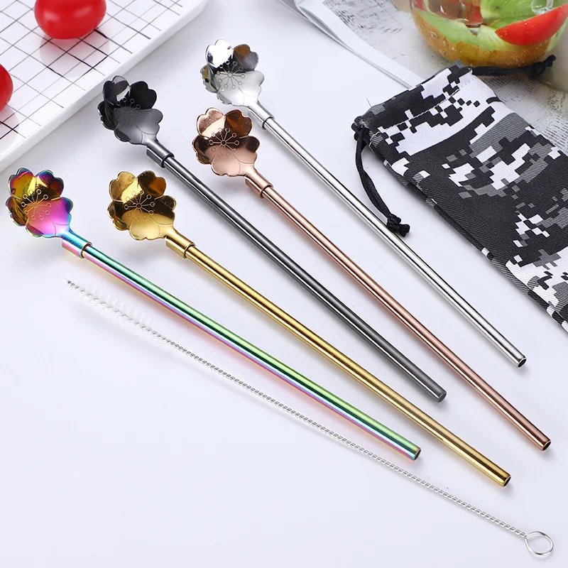 304 Stainless Steel Cherry Blossom Straw Spoon Set Reusable Drink Stirrer with Cleaning Brush Home Kitchen Bar Accessories