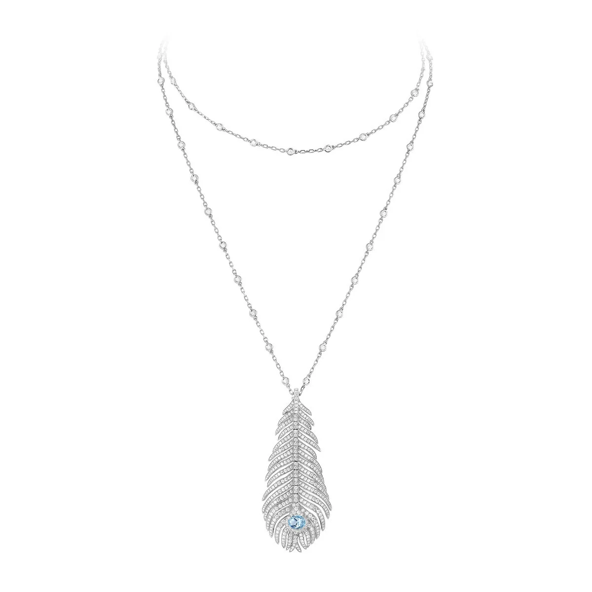 

Elegant Layered Feather Pendant Necklace 925 Sterling Silver Artificial Aquamarine Fine Jewelry for Women's Birthday Party Gifts