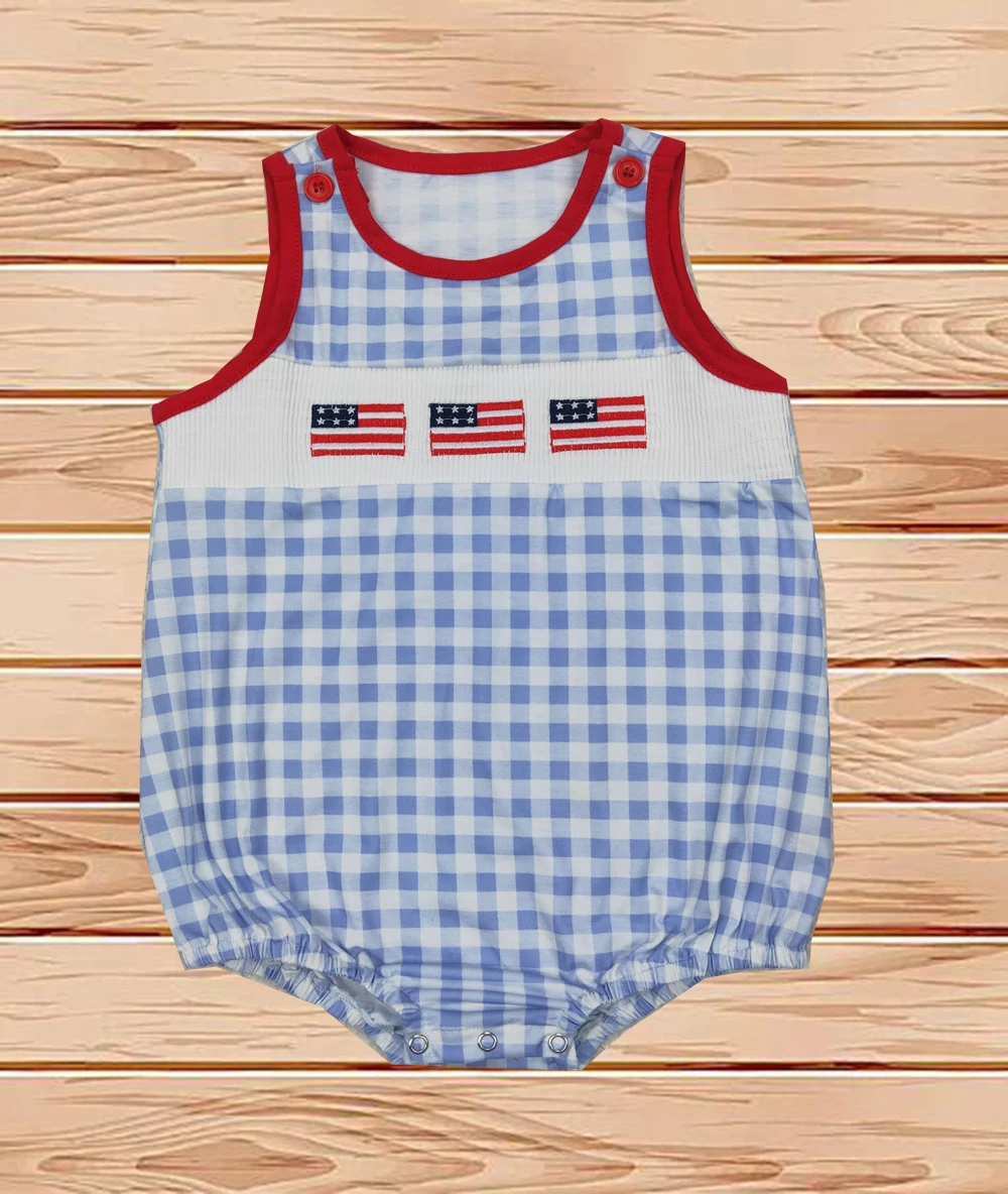 

3.31 Wholesale western boutique Newborn toddler Smocked Baby Infant Boys 4th Of July Flags Sleeveless Rompers