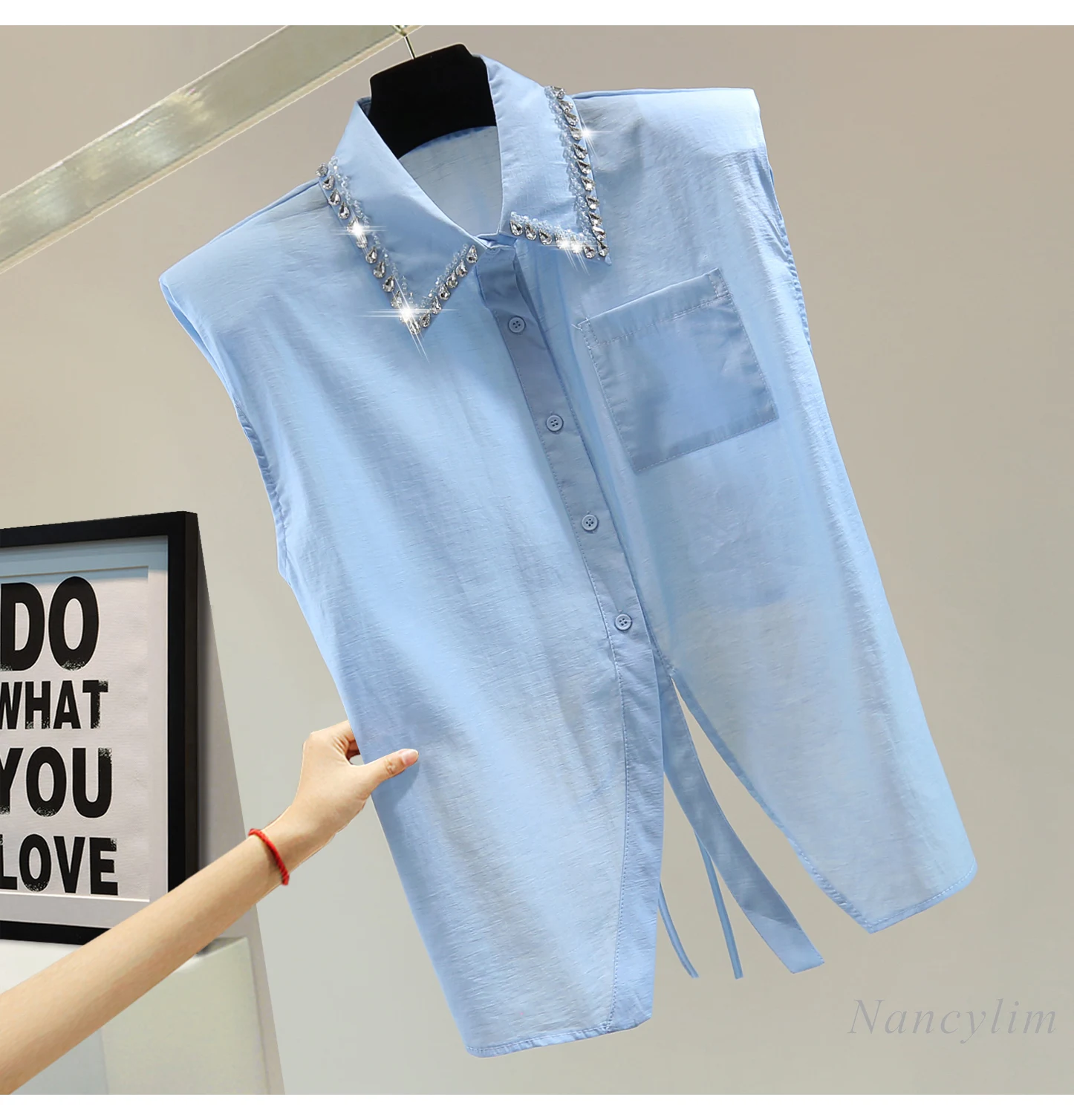 

Irregular Strap Sleeveless Shirt Women's Blue Blouse 2025 Summer Fashion Diamond Bead Solid Color Top, Blusas Mujer