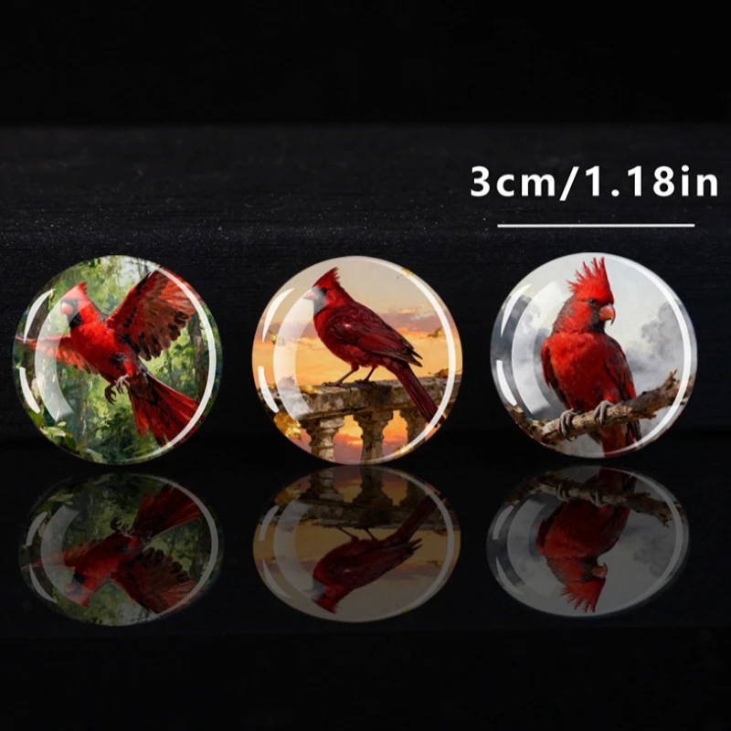 1PC 30MM Oil Painting Style Cardinal Dome Glass Circular Refrigerator Sticker Cardinal Christmas Hat Decoration Christmas Gift