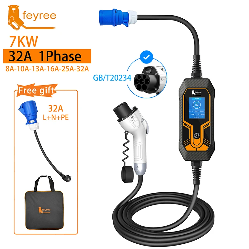 Feyree-Portable EV Charger Wallbox, Estação de Carregamento para Veículo Elétrico, Carro, Estação de Carregamento, GB, T Cord, 7kW, 32A, 5m Cabo,