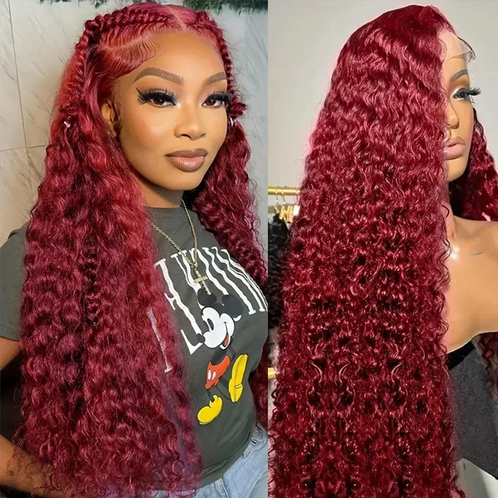 99J Burgundy Water Wave 13x6 HD Transparent Lace Frontal Human Hair Wigs Brazilian Transparent Lace Front Wig Wine Red Color Wig