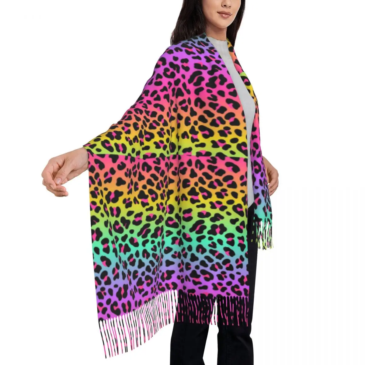 Ladies Scarf Warm Soft Rainbow Leopard Headwear Scarves with Long Tassel Cheetah Neon Vintage Shawls and Wrap Winter Bandana