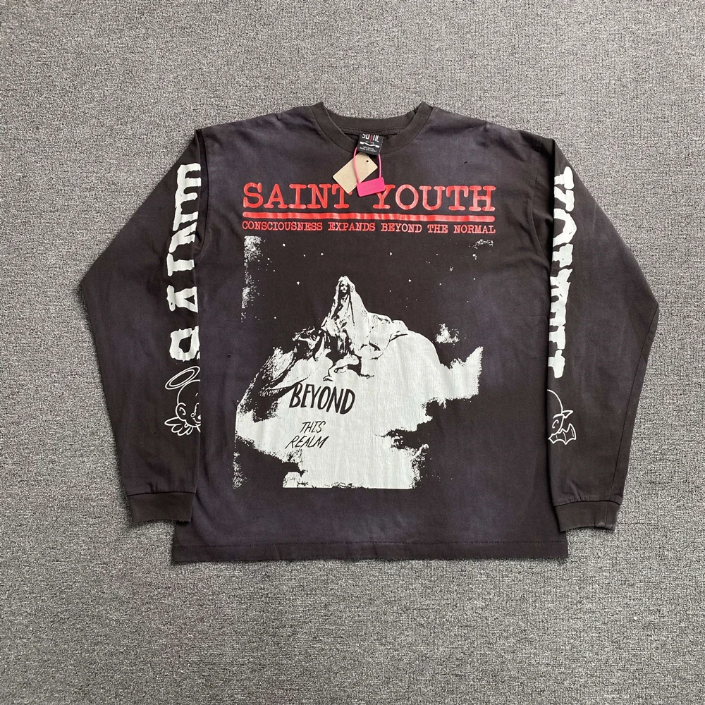 KUCLUT 1:1 أزياء أفضل جودة العلامة التجارية الفاخرة المطبوعة طويلة الأكمام بلايز المتضخم خمر المحملة فضفاضة 100% القطن تي شيرت للرجال