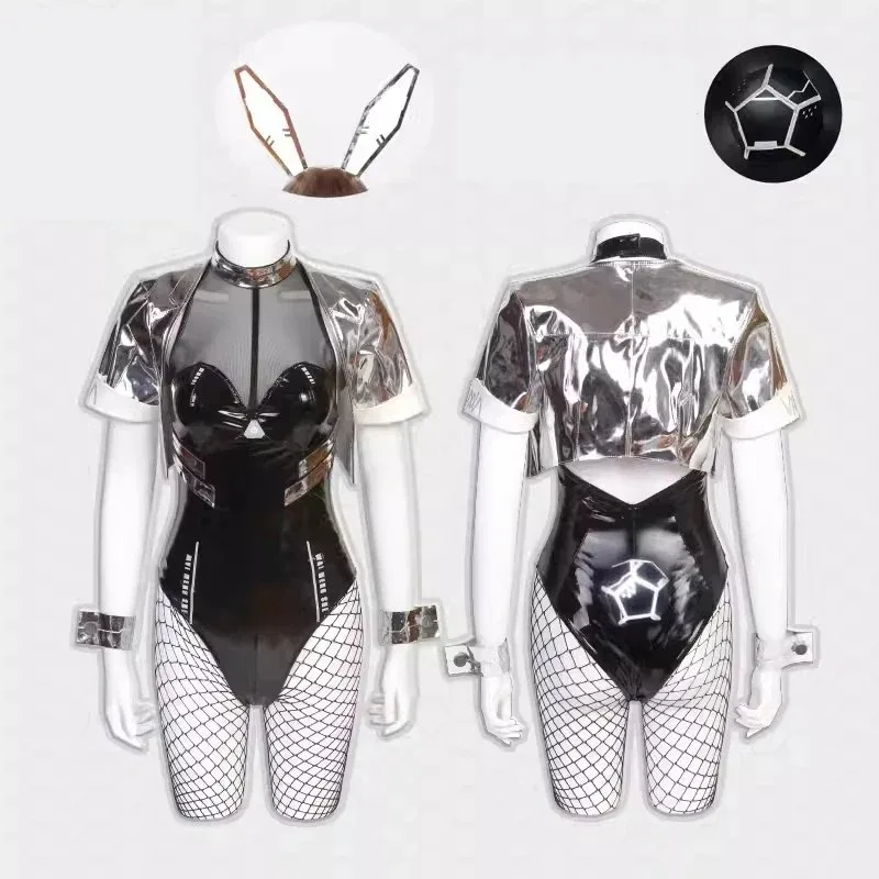 Anime Cyberpunk Bunny girl Cosplay Costume Women Sexy Leather Bodysuit With Light Tail Cute Rabbit Ears Outfit Halloween Clothes