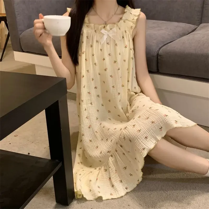 Sleeveless Mini Nightgowns Women S-5XL Floral Sleepwear Bow Lovely Fashion Square Collar Schoolgirls Aesthetic Korean Style New